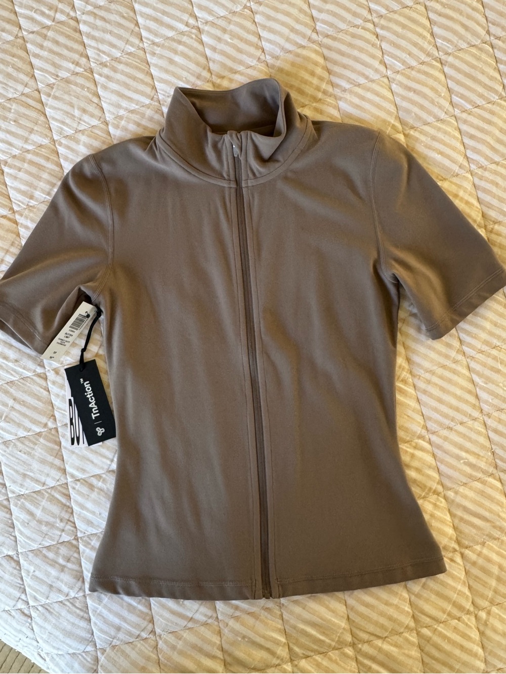 TnA (TnAction) of Aritzia Short Sleeve Zip Mock Neck Top - Taupe Brown